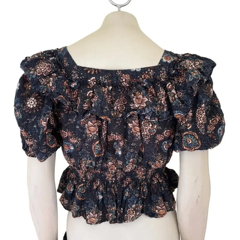ULLA JOHNSON Warner Floral Ruffle Puff-Sleeve Peplum Blouse in Twilight SZ S